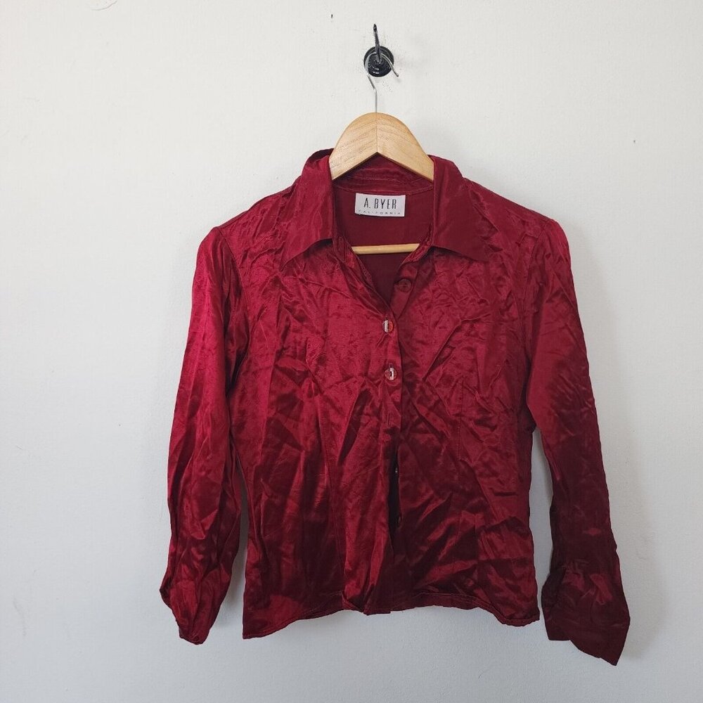 Vintage Y2k 90s A Byer Red Button Down Top Shiny Acetate Rayon 90s Vintage Small